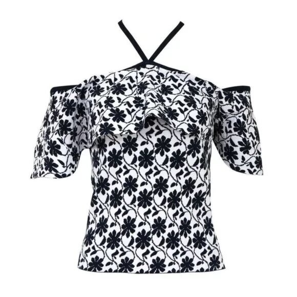 Club Monaco Tops - Club Monaco White & Navy Rowlen Blue Floral‎ Off Shoulder Knit Women's Top Small